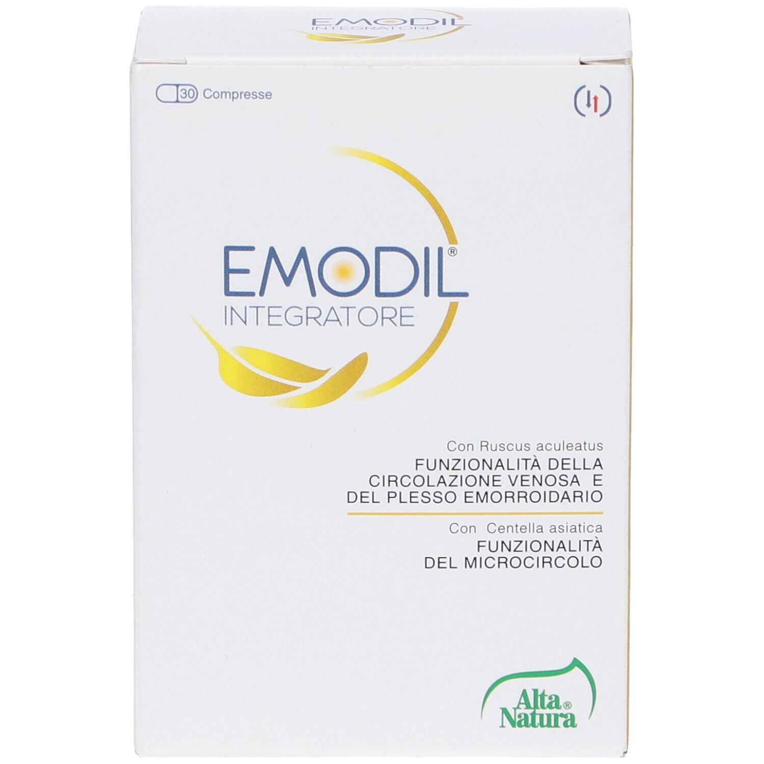Scatola bianca 'Emodil Integratore'. Contiene 30 compresse. Testo: Funzionalità della circolazione venosa e del plesso emorroidario.