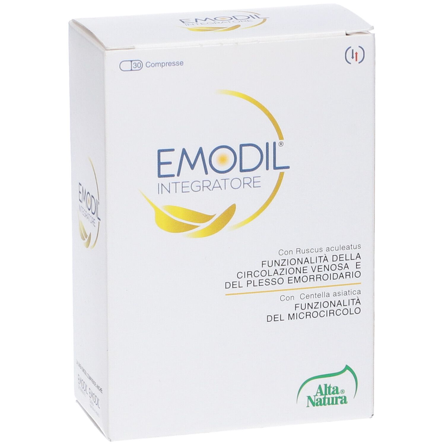 Scatola 'Emodil Integratore'. Testo: Funzionalità della circolazione venosa e del plesso emorroidario. Marca: Alta Natura. Vista angolata.