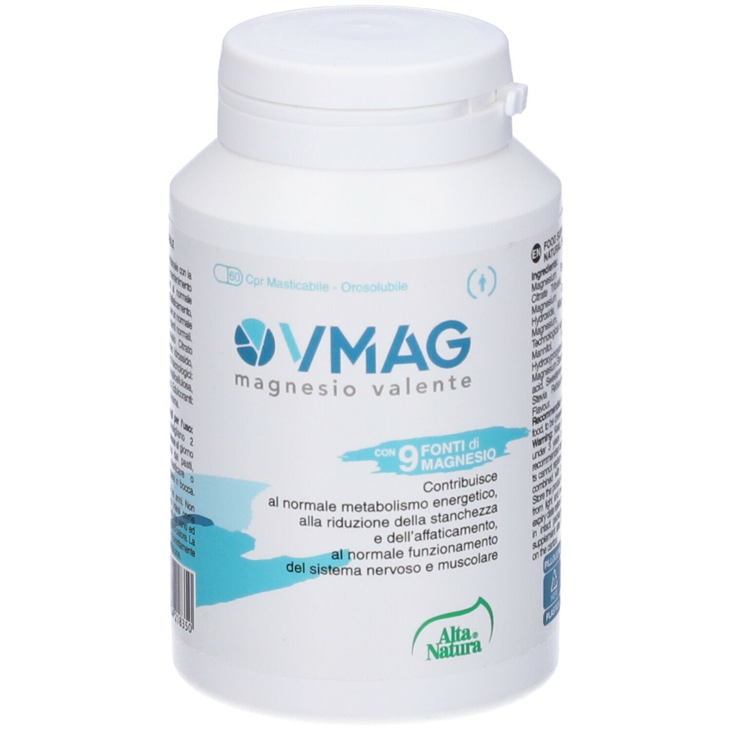 Flacone bianco con etichetta blu e bianca. Scritta: VMAG magnesio valente. Contiene 9 fonti di magnesio. Marca: Alta Natura.