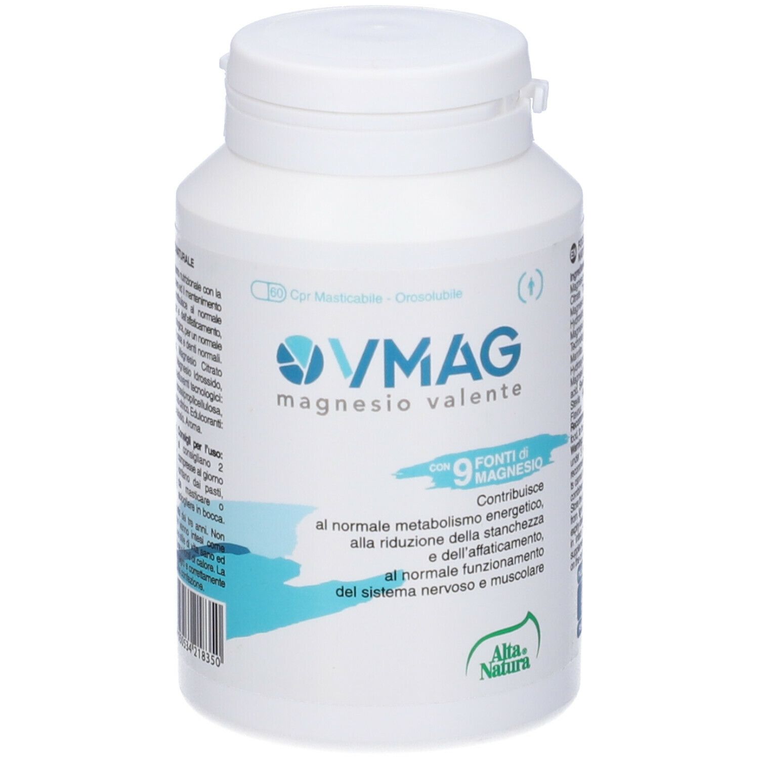 Flacone bianco con etichetta blu e bianca. Scritta: VMAG magnesio valente. Contiene 9 fonti di magnesio. Marca: Alta Natura.