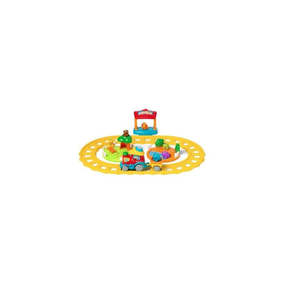 Set di gioco trenino giallo con elementi colorati. Include un binario ovale giallo, un treno e vari elementi di gioco.