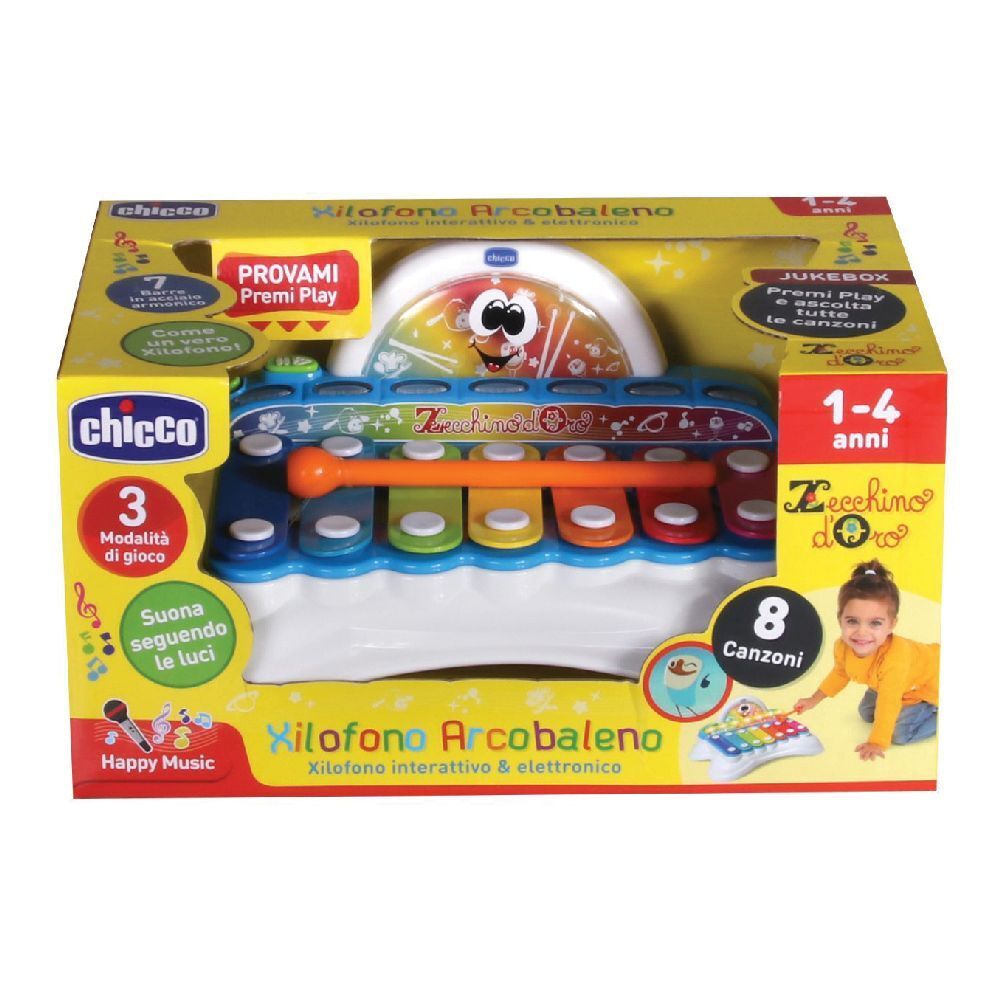 Xilofono giocattolo con design arcobaleno. Confezione con nome del prodotto e raccomandazione d'età 1-4 anni.