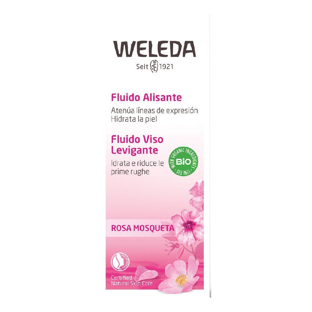 Confezione Weleda. Rosa e bianca. Testo: « Fludio Alisante », « Fludio Viso Levigante », « Rosa Mosqueta ». Certificazione bio.