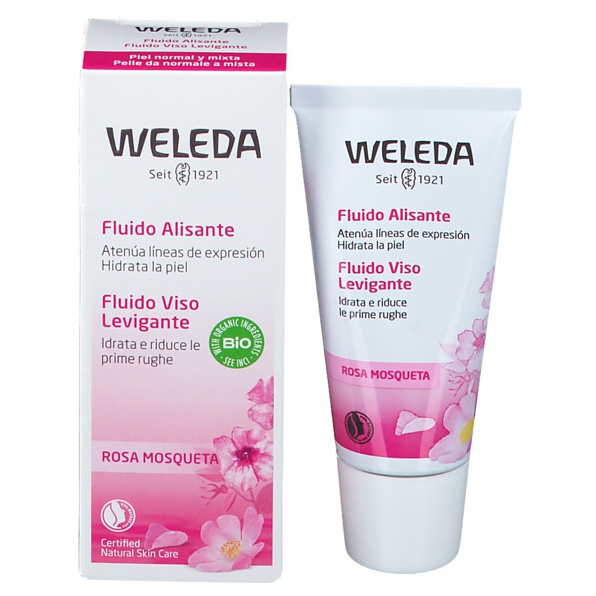Confezione e tubo Weleda. Rosa e bianco. Testo: « Fludio Alisante », « Fludio Viso Levigante », « Rosa Mosqueta ». Certificazione bio.
