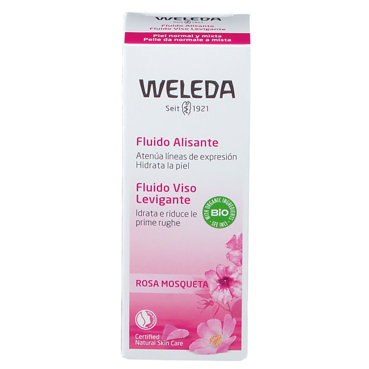 Confezione Weleda. Rosa e bianca. Testo: « Fludio Alisante », « Fludio Viso Levigante », « Rosa Mosqueta ». Certificazione bio.
