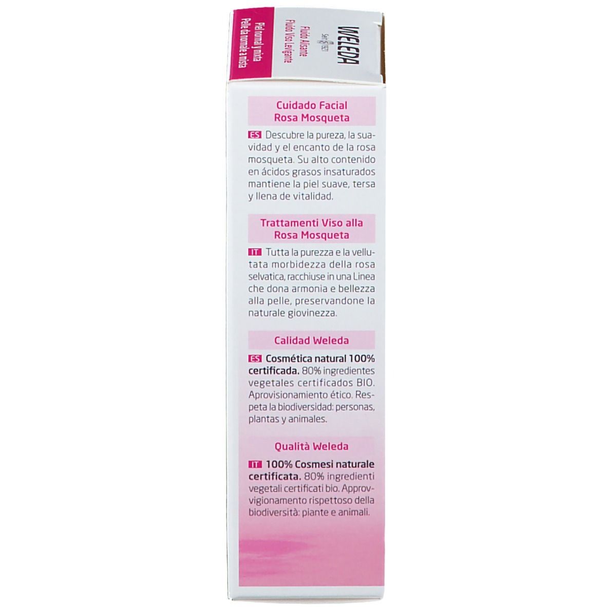 Retro della confezione Weleda. Testo: « Cuidado Facial Rosa Mosqueta », « Calidad Weleda ». Ingredienti e certificazioni.
