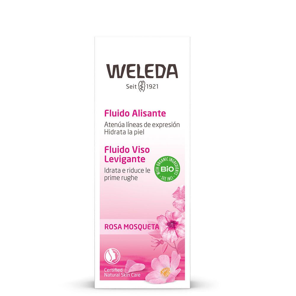 Confezione Weleda. Rosa e bianca. Testo: « Fludio Alisante », « Fludio Viso Levigante », « Rosa Mosqueta ». Certificazione bio.