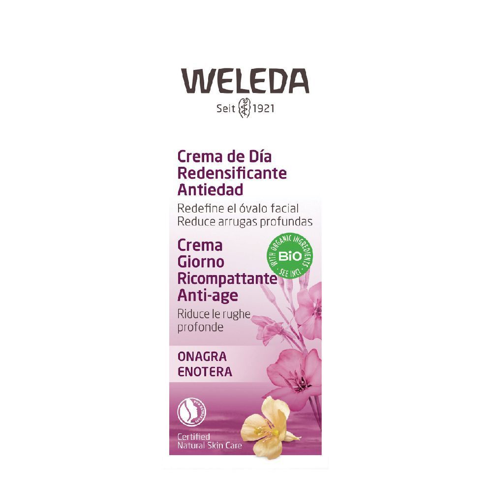 Crema Weleda. Confezione con nome e logo del prodotto. Certificazione bio. Illustrazione floreale.
