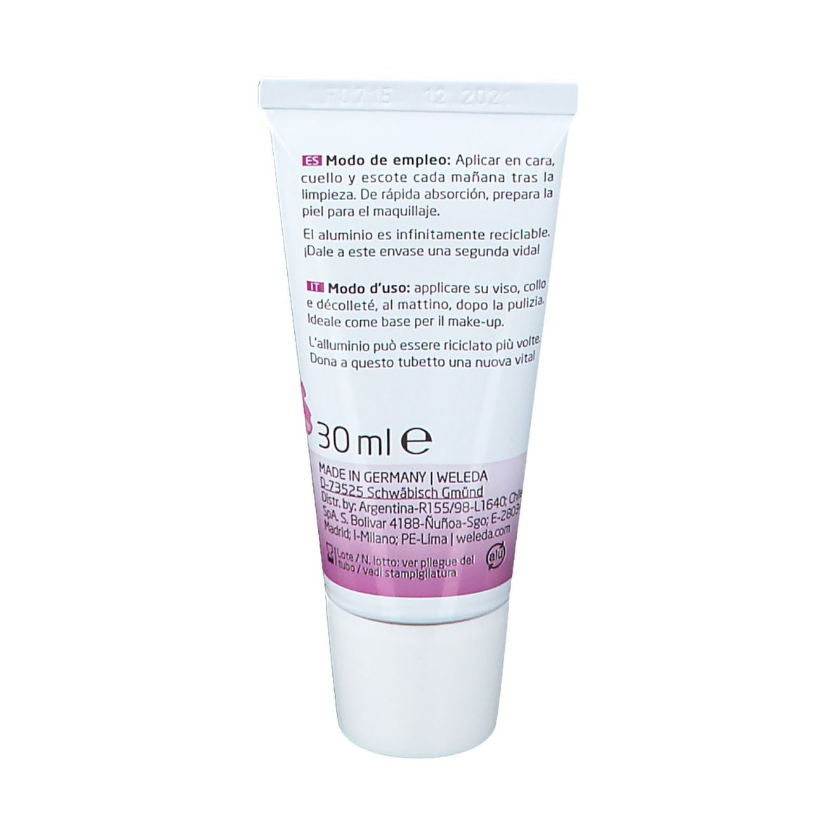 Retro del tubetto di crema Weleda. Informazioni sul prodotto e indicazione di 30 ml.