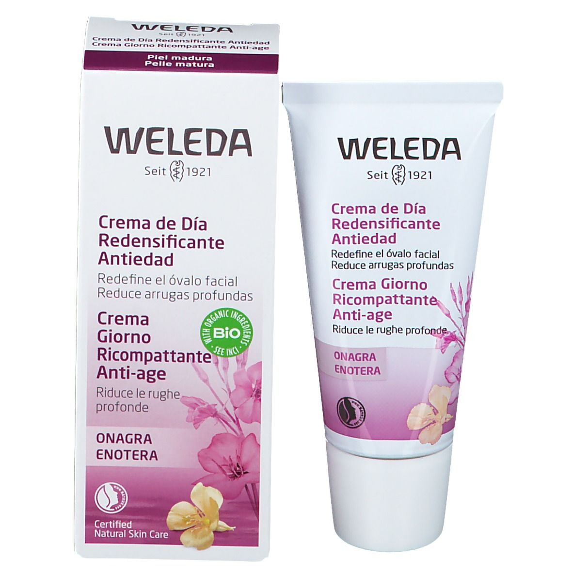 Crema Weleda e confezione. Nome e logo del prodotto. Certificazione bio. Illustrazione floreale.