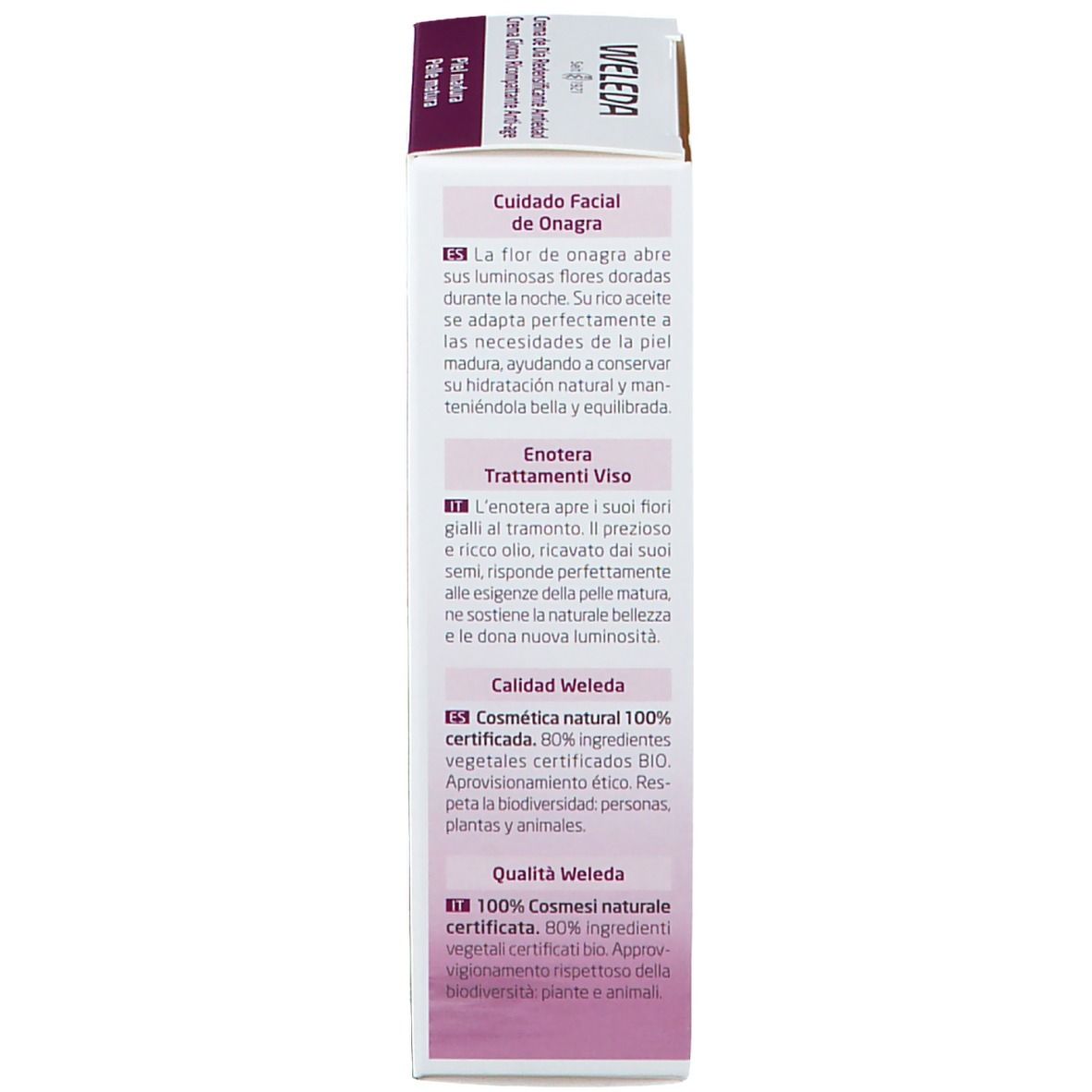 Retro della confezione Weleda. Informazioni sul prodotto e certificazioni.