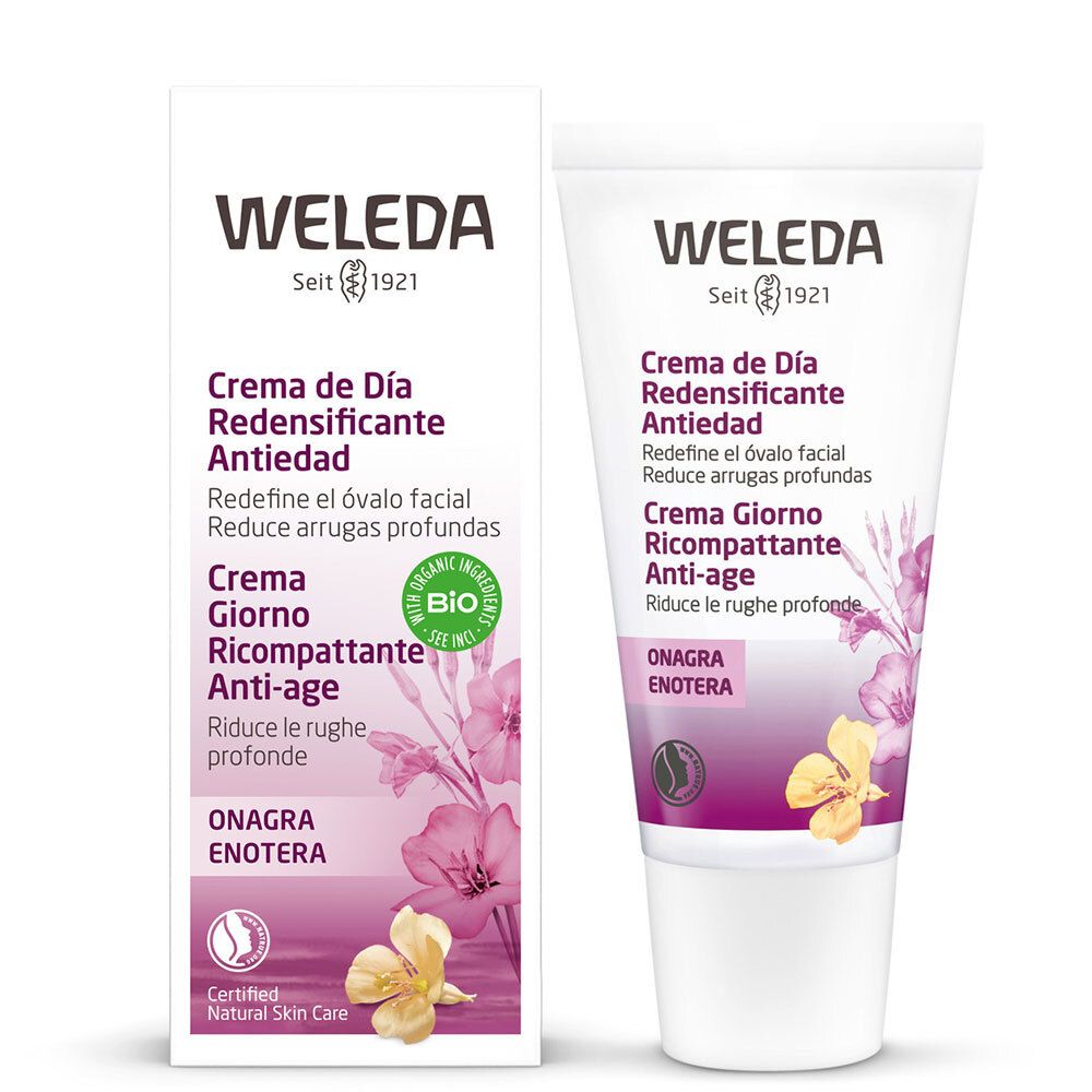 Crema Weleda e confezione. Nome e logo del prodotto. Certificazione bio. Illustrazione floreale.