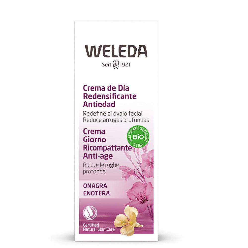 Confezione Weleda. Nome e logo del prodotto. Certificazione bio. Illustrazione floreale.
