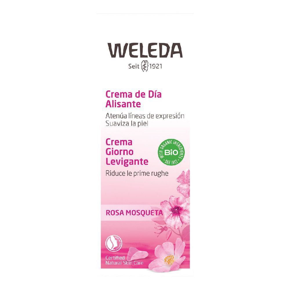 Confezione Weleda. Rosa e bianca. Testo: Creme de Día Alisante, Creme Giorno Levigante, Rosa Mosqueta. Certificazione bio.