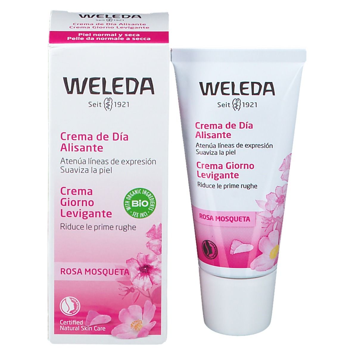 Prodotto Weleda con confezione. Tubo e scatola. Testo: Creme de Día Alisante, Creme Giorno Levigante, Rosa Mosqueta. Certificazione bio.