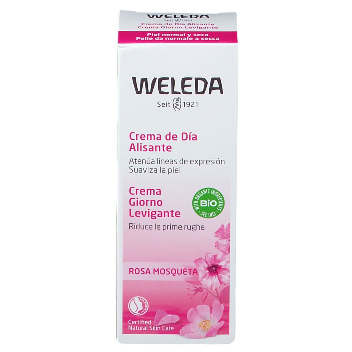 Confezione Weleda. Rosa e bianca. Testo: Creme de Día Alisante, Creme Giorno Levigante, Rosa Mosqueta. Certificazione bio.