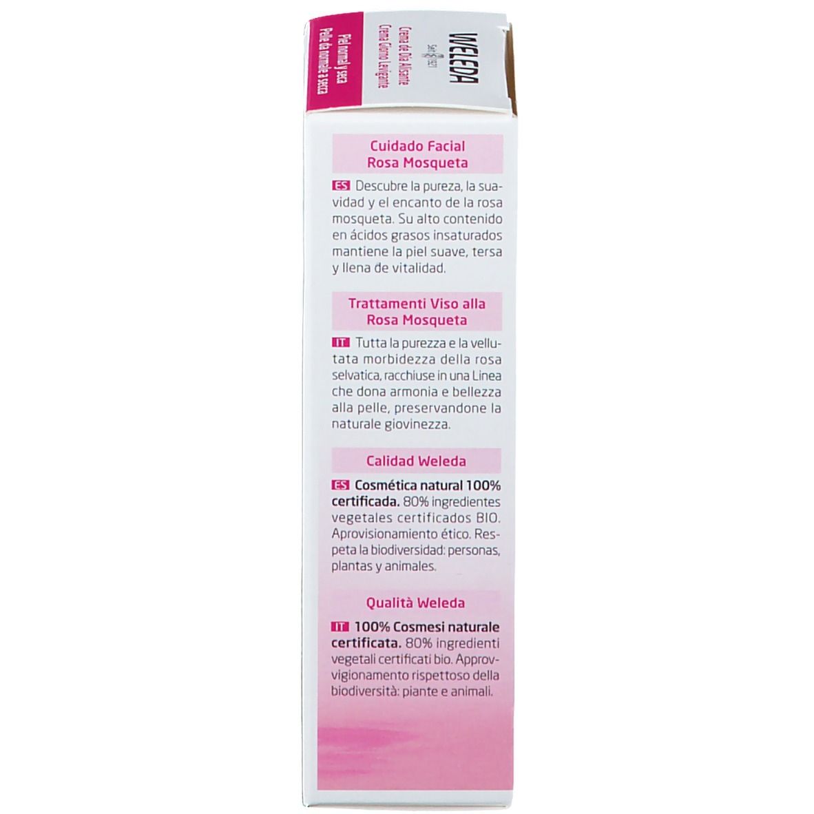 Retro della confezione Weleda. Testo: Descrizione del prodotto, ingredienti, certificazioni. Rosa e bianco.