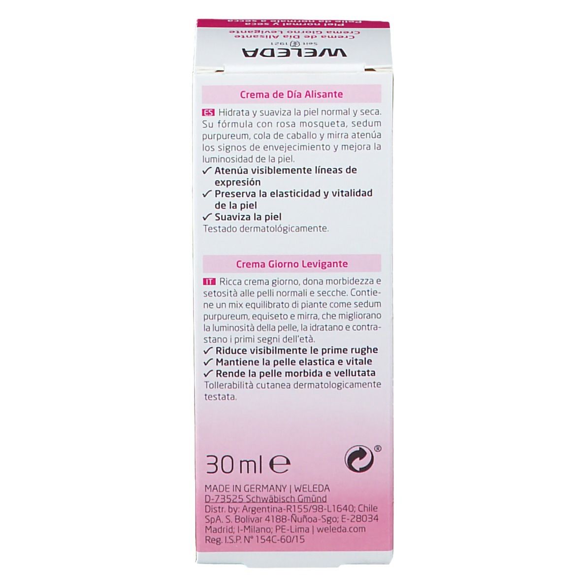 Retro della confezione Weleda. Testo: Descrizione del prodotto, ingredienti, certificazioni. 30ml.