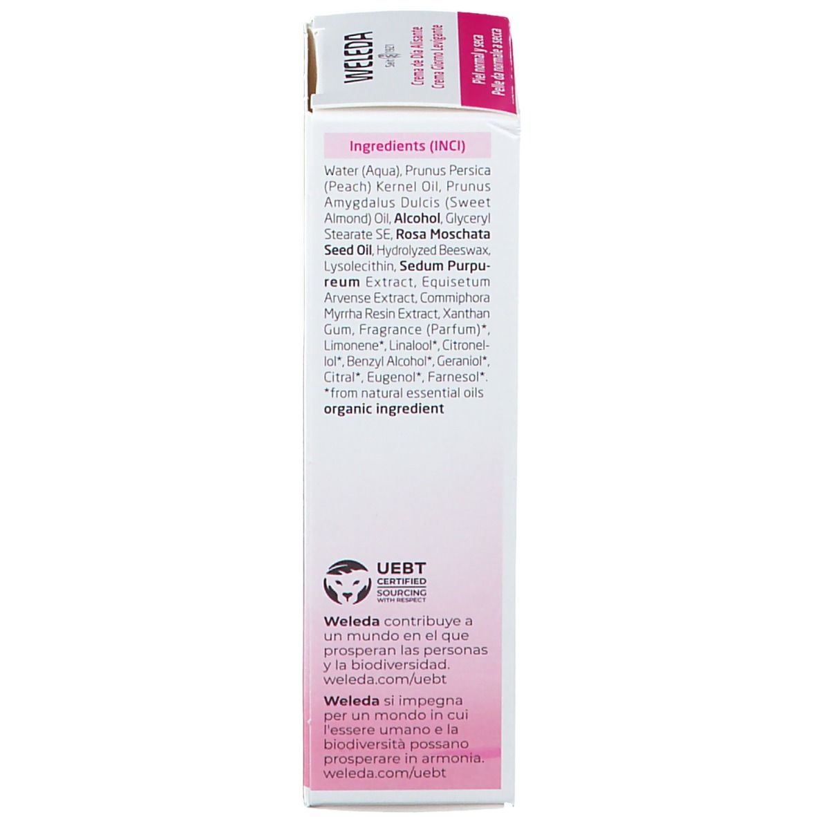 Retro della confezione Weleda. Testo: Ingredienti, certificazioni. Logo. Rosa e bianco.