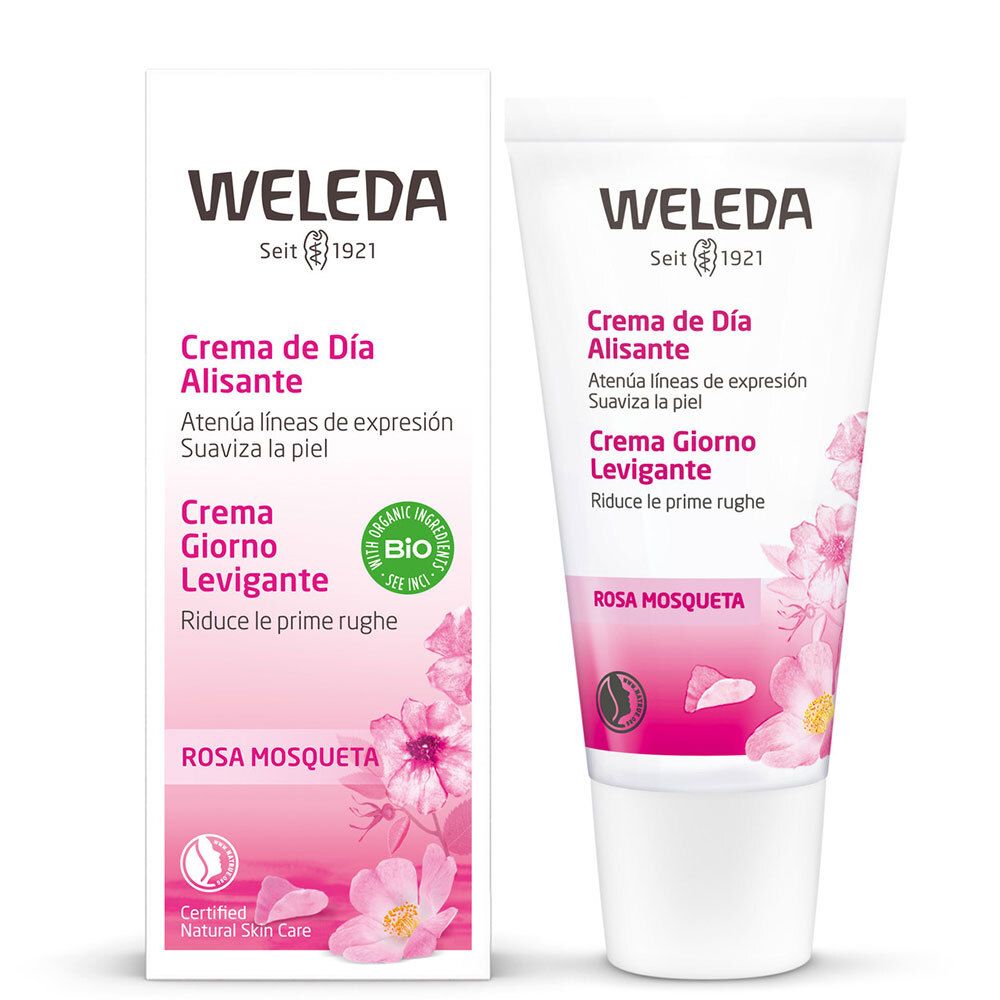 Prodotto Weleda con confezione. Tubo e scatola. Testo: Creme de Día Alisante, Creme Giorno Levigante, Rosa Mosqueta. Certificazione bio.