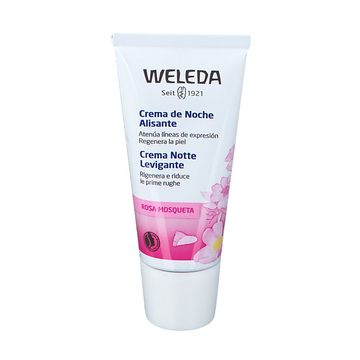 Tubo Weleda. Scritta: Crema de Noche Alisante, Rosa Mosqueta. Certificazione bio.