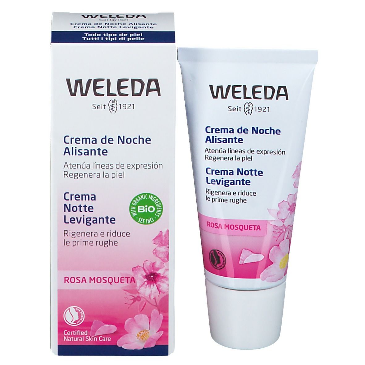 Prodotto e confezione Weleda. Scritta: Crema de Noche Alisante, Rosa Mosqueta. Certificazione bio.