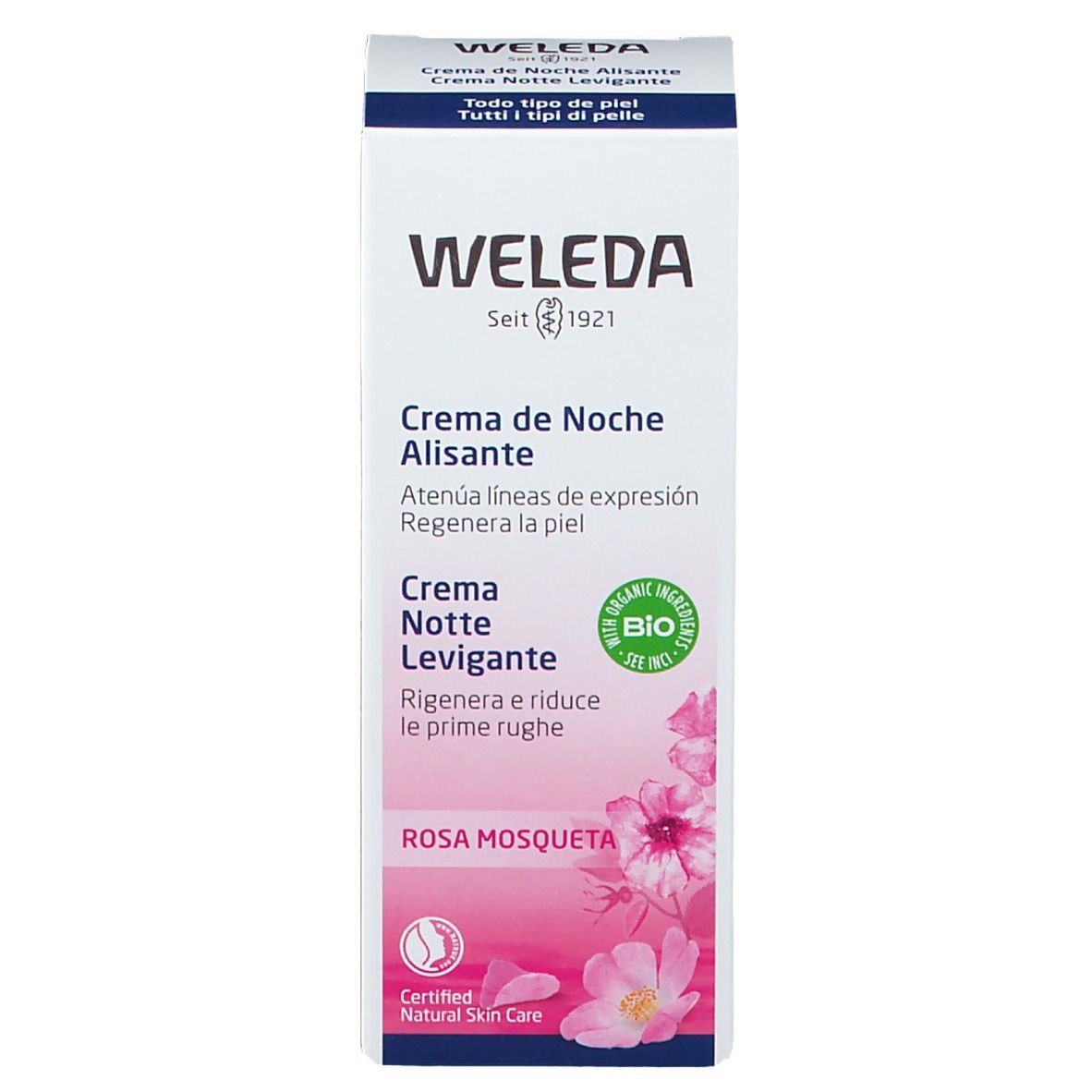 Confezione Weleda. Scritta: Crema de Noche Alisante, Rosa Mosqueta. Certificazione bio.