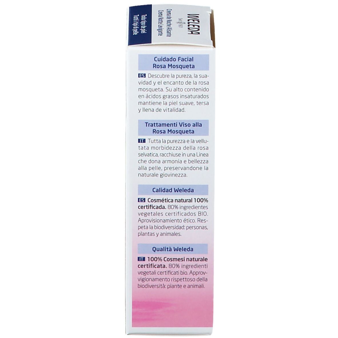 Confezione Weleda. Testo: Cura del viso, Rosa Mosqueta, qualità, ingredienti.
