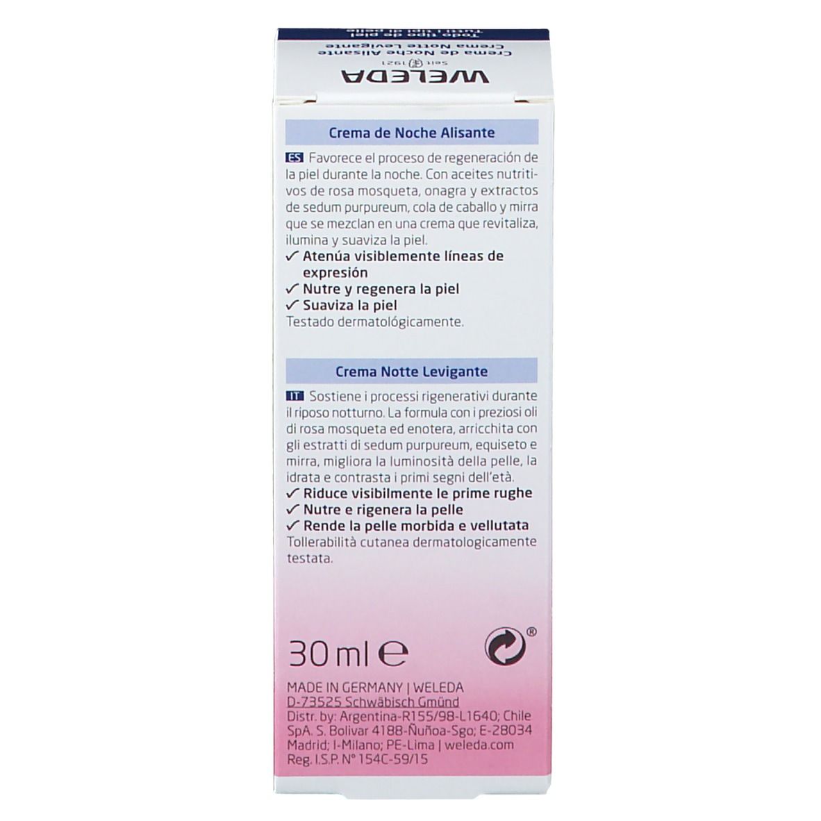 Confezione Weleda. Testo: Crema de Noche Alisante, ingredienti, 30 ml.