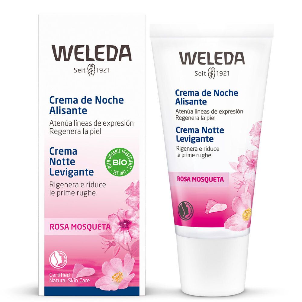 Prodotto e confezione Weleda. Scritta: Crema de Noche Alisante, Rosa Mosqueta. Certificazione bio.