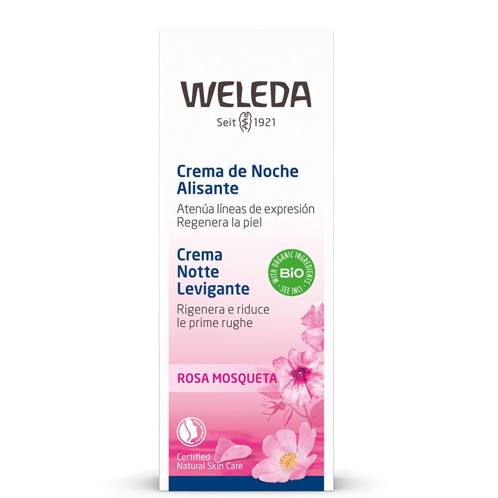 Confezione Weleda. Scritta: Crema de Noche Alisante, Rosa Mosqueta. Certificazione bio.
