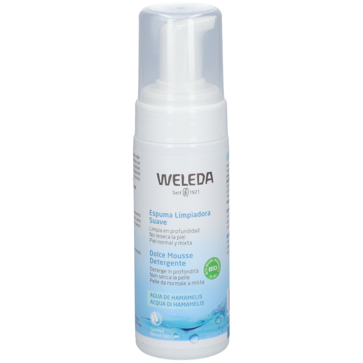 Flacone bianco Weleda Dolce Mousse Detergente con dosatore. Marchio e scritte visibili. Certificazione bio.
