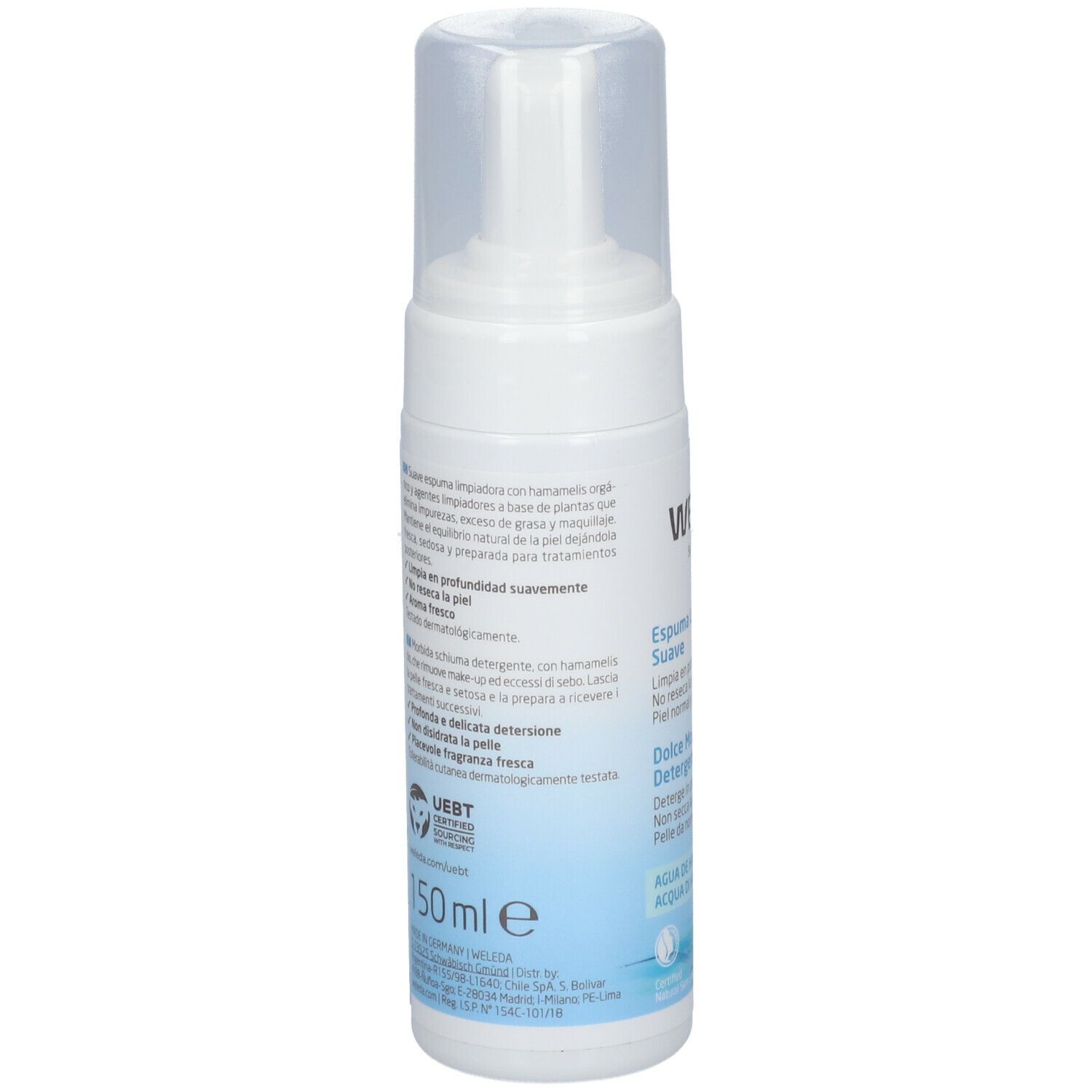 Retro flacone Weleda Dolce Mousse Detergente. Testo e certificazione bio. Volume: 50 ml.