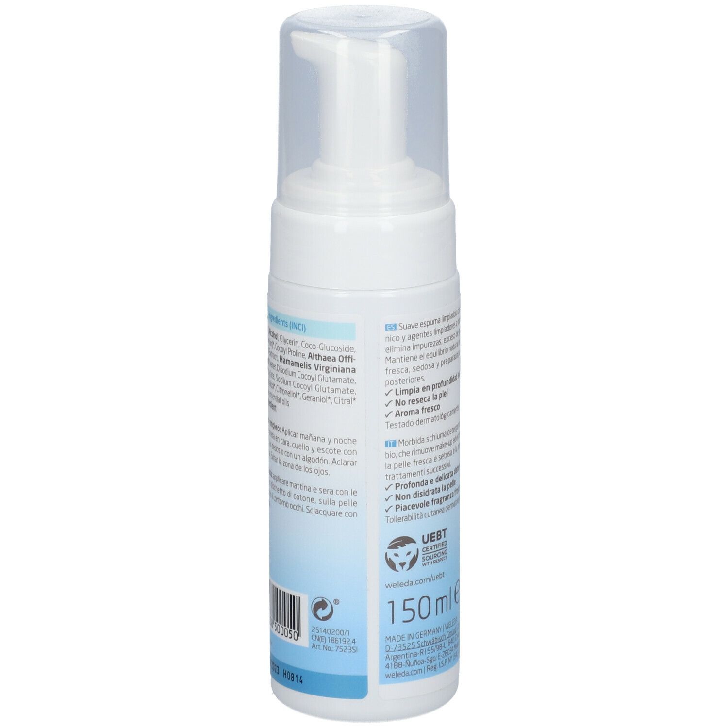 Retro flacone Weleda Dolce Mousse Detergente. Testo e certificazione bio. Volume: 150 ml.