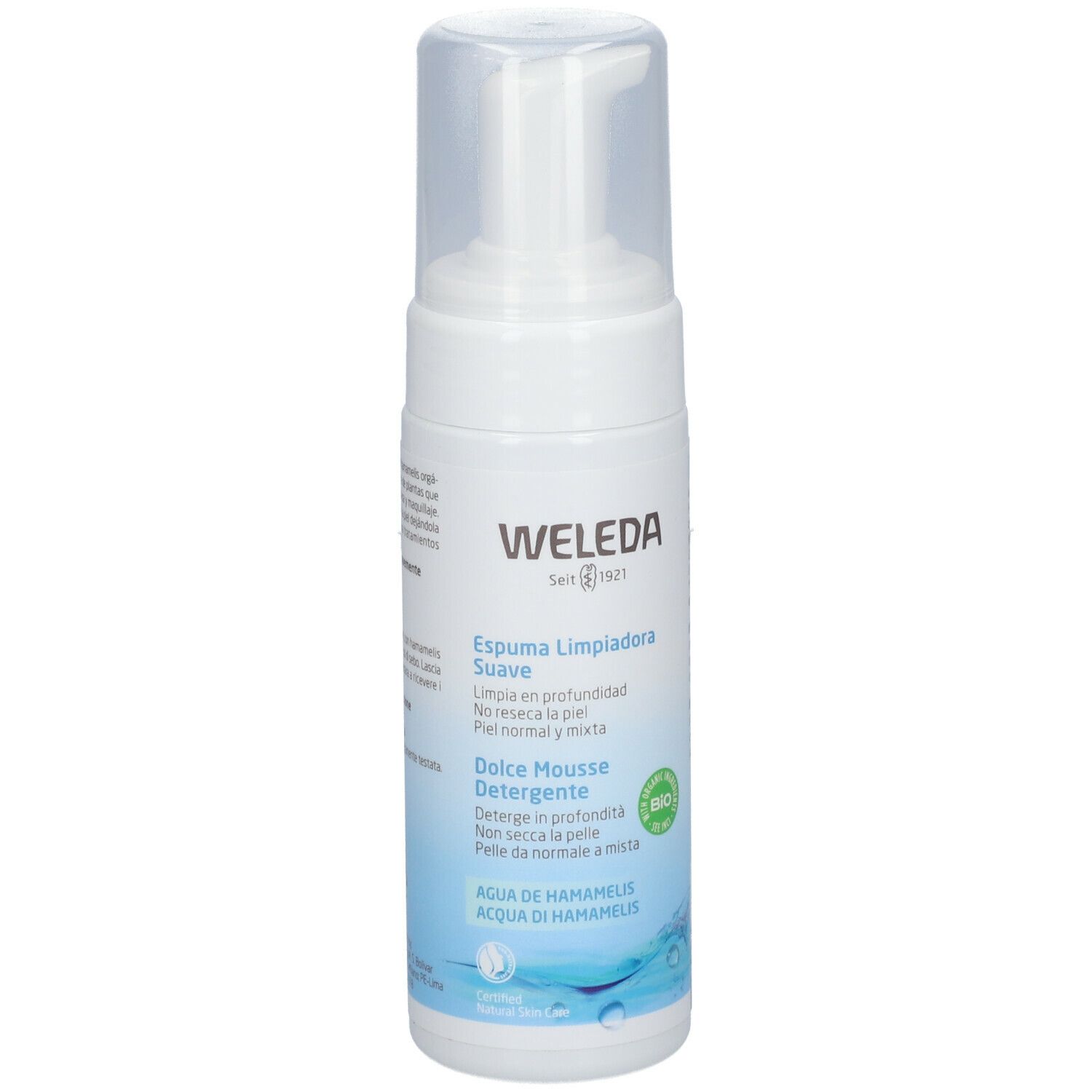 Flacone bianco Weleda Dolce Mousse Detergente con dosatore. Marchio e scritte visibili. Certificazione bio.