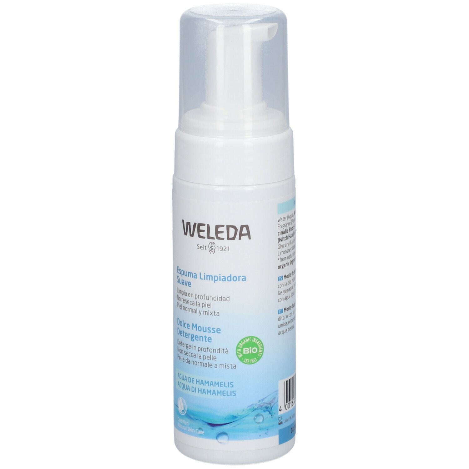 Flacone bianco Weleda Dolce Mousse Detergente con dosatore. Marchio e scritte visibili. Certificazione bio.