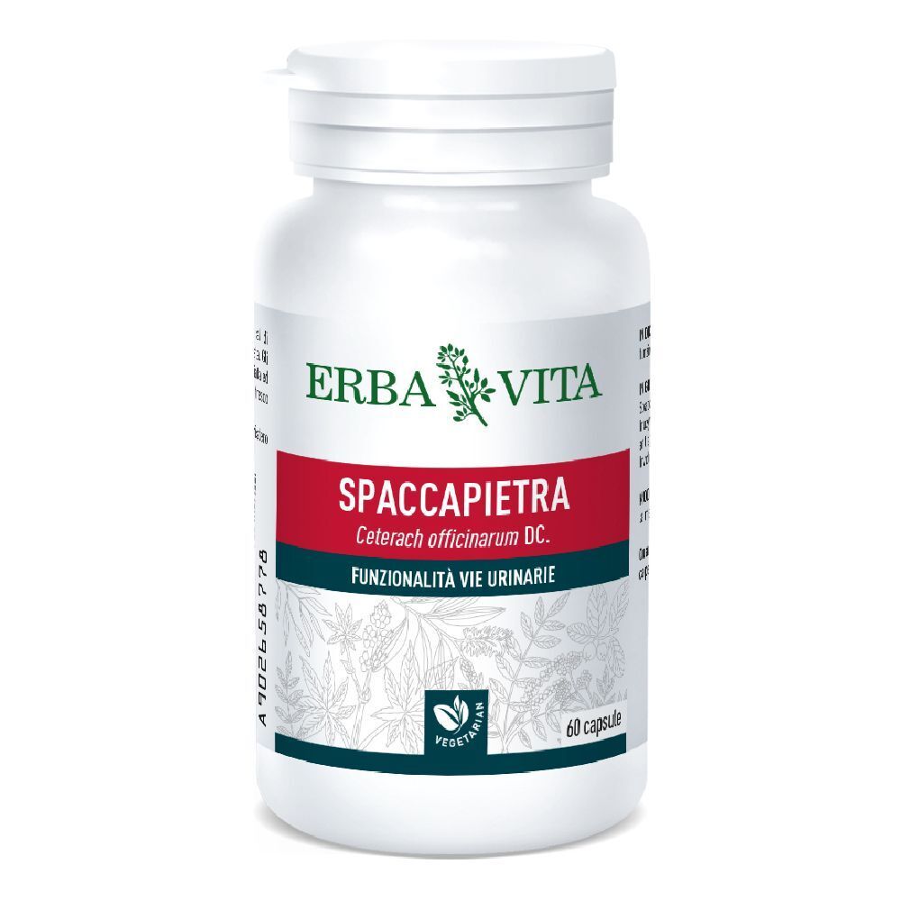Flacon blanc avec capsules. Inscription: ERBA VITA, Spaccapietra, 60 capsules. Végétarien.