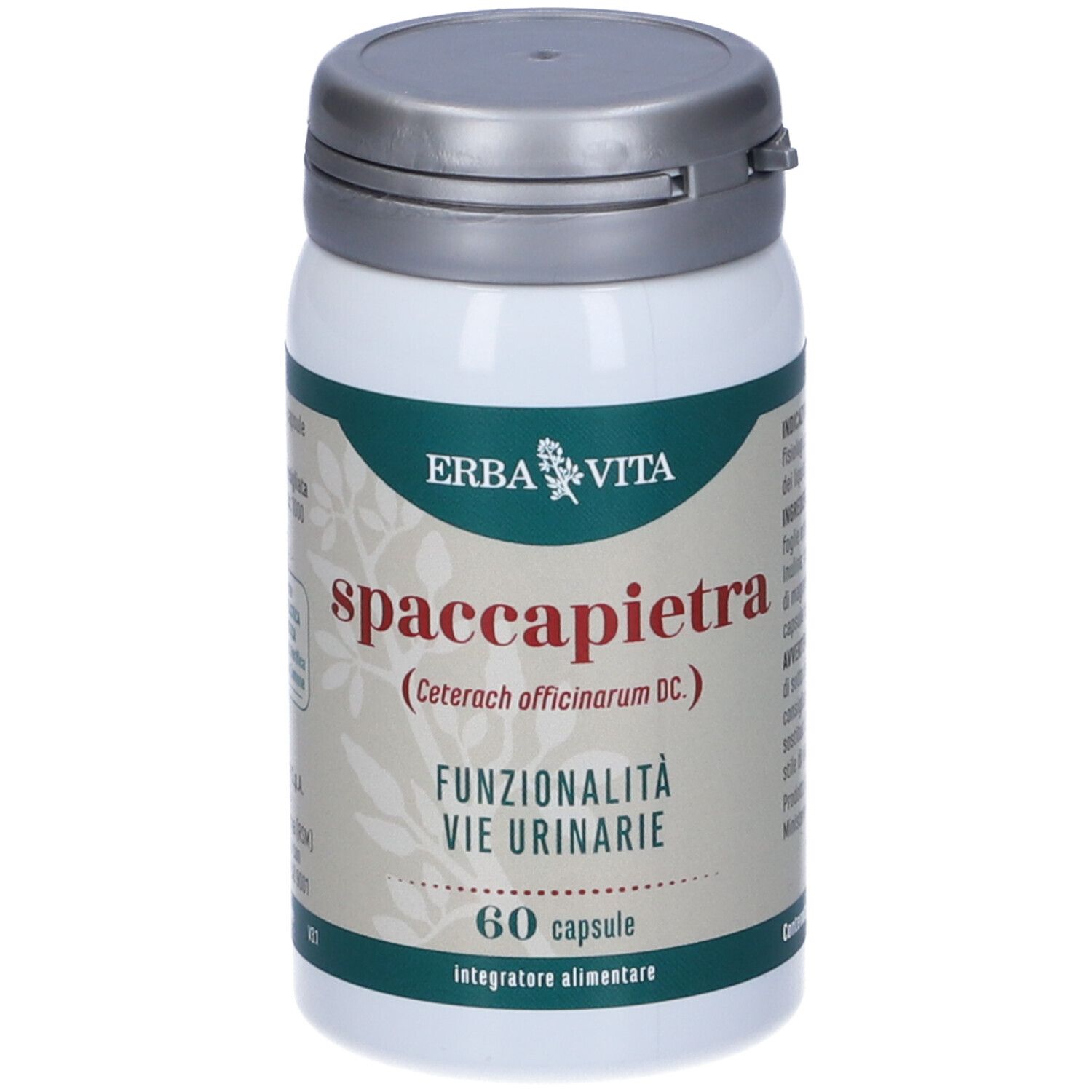 Récipient à capsules avec couvercle gris. Inscription: ERBA VITA, Spaccapietra, 60 capsules. Complément alimentaire.