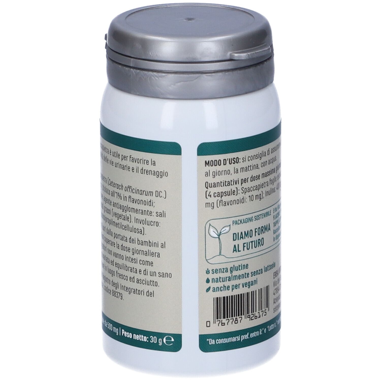 Dos du récipient à capsules. Texte: ERBA VITA, Spaccapietra, ingrédients, mode d'emploi, sans lactose.