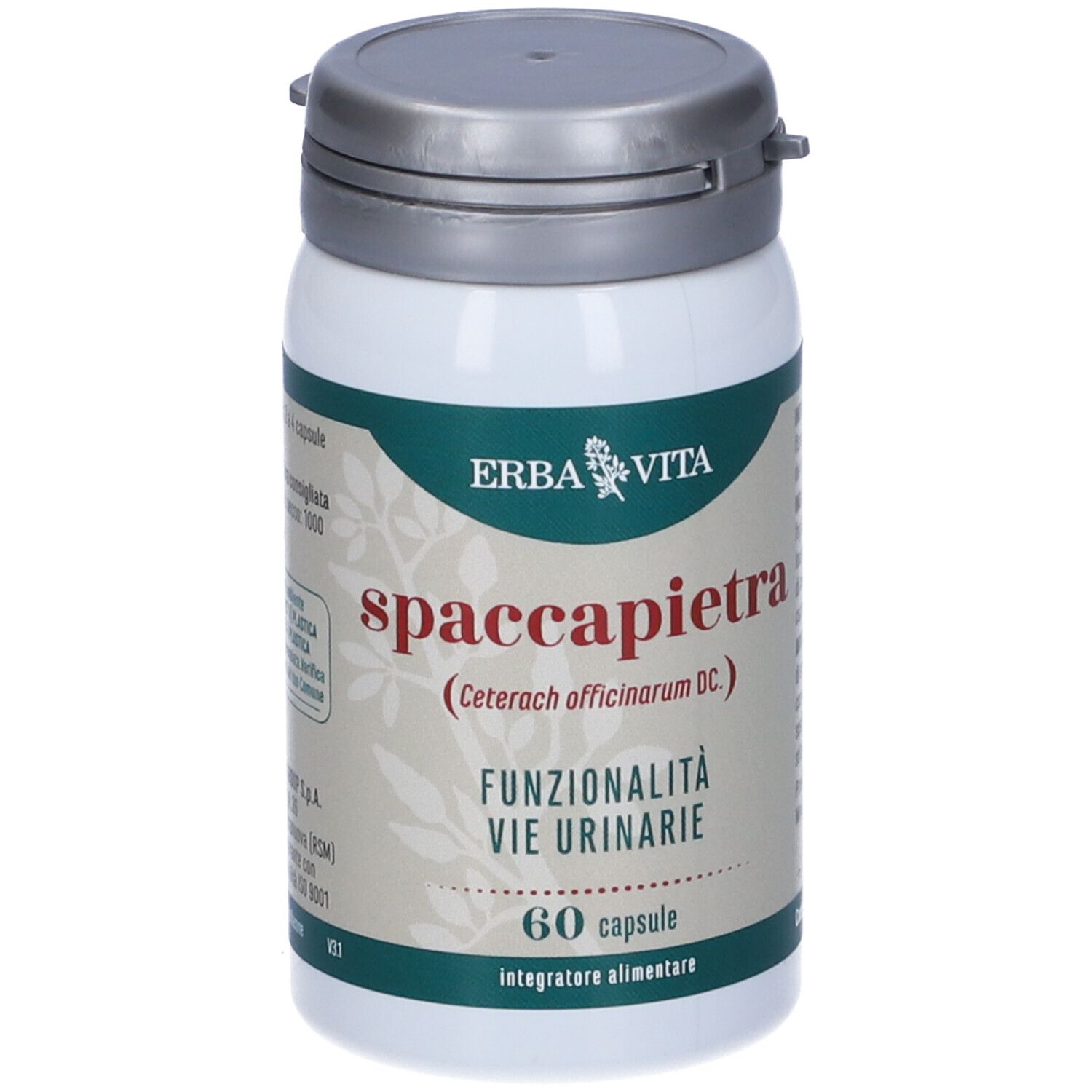 Récipient à capsules avec couvercle gris. Inscription: ERBA VITA, Spaccapietra, 60 capsules. Complément alimentaire.