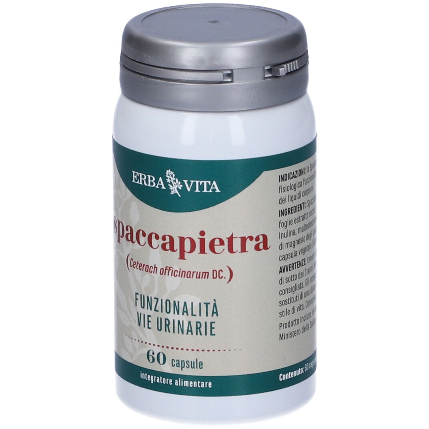 Récipient à capsules avec couvercle gris. Inscription: ERBA VITA, Spaccapietra, 60 capsules. Complément alimentaire.