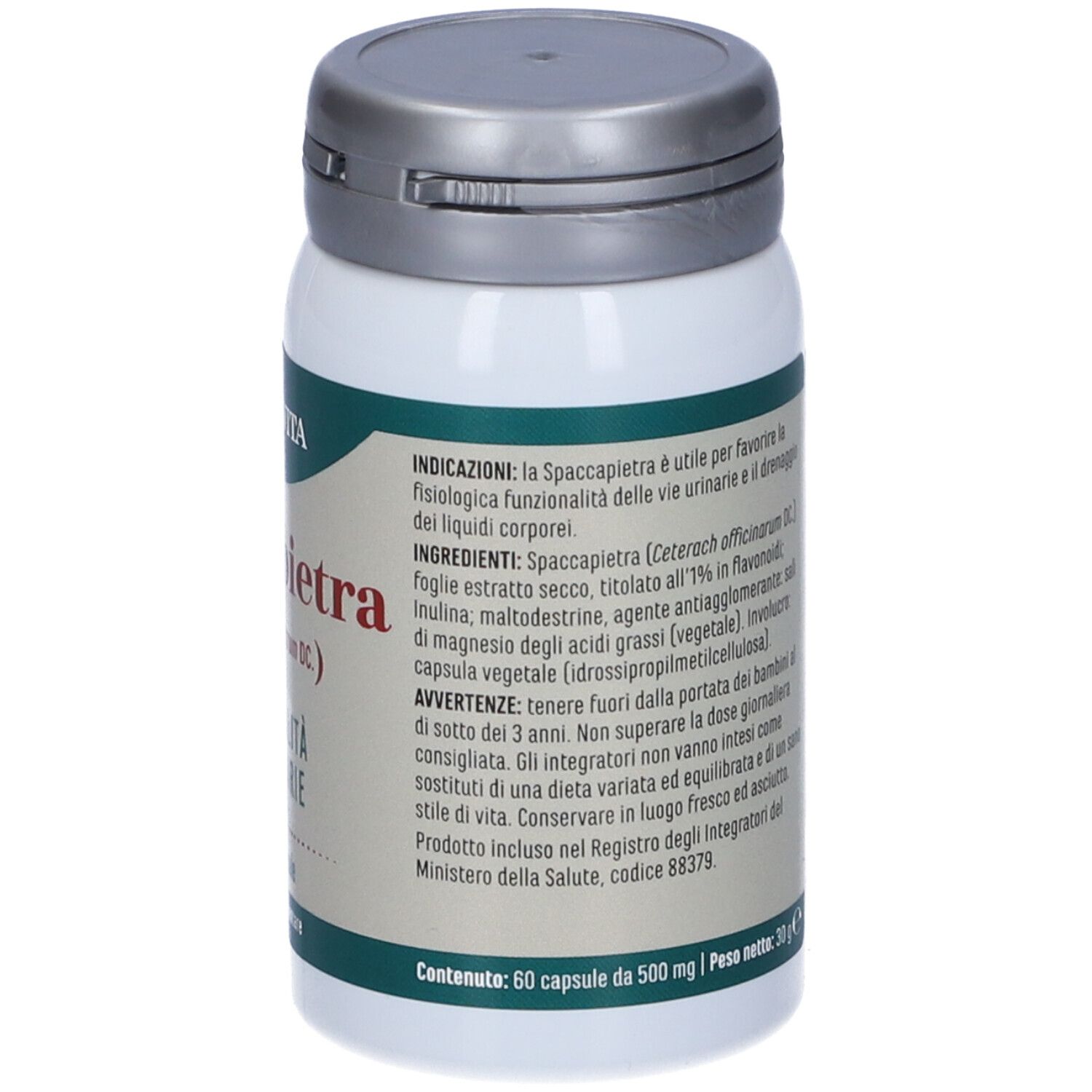 Dos du récipient à capsules. Texte: ERBA VITA, Spaccapietra, ingrédients, avertissements, 60 capsules.