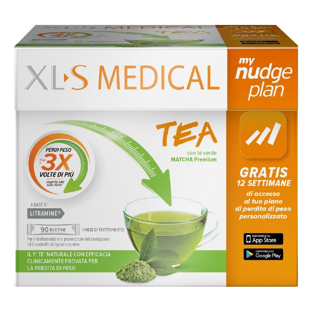 Confezione XL-S Medical Tea. Scatola con immagine del prodotto, testo e logo. Contiene 90 bustine. Con tè matcha e pubblicità app.