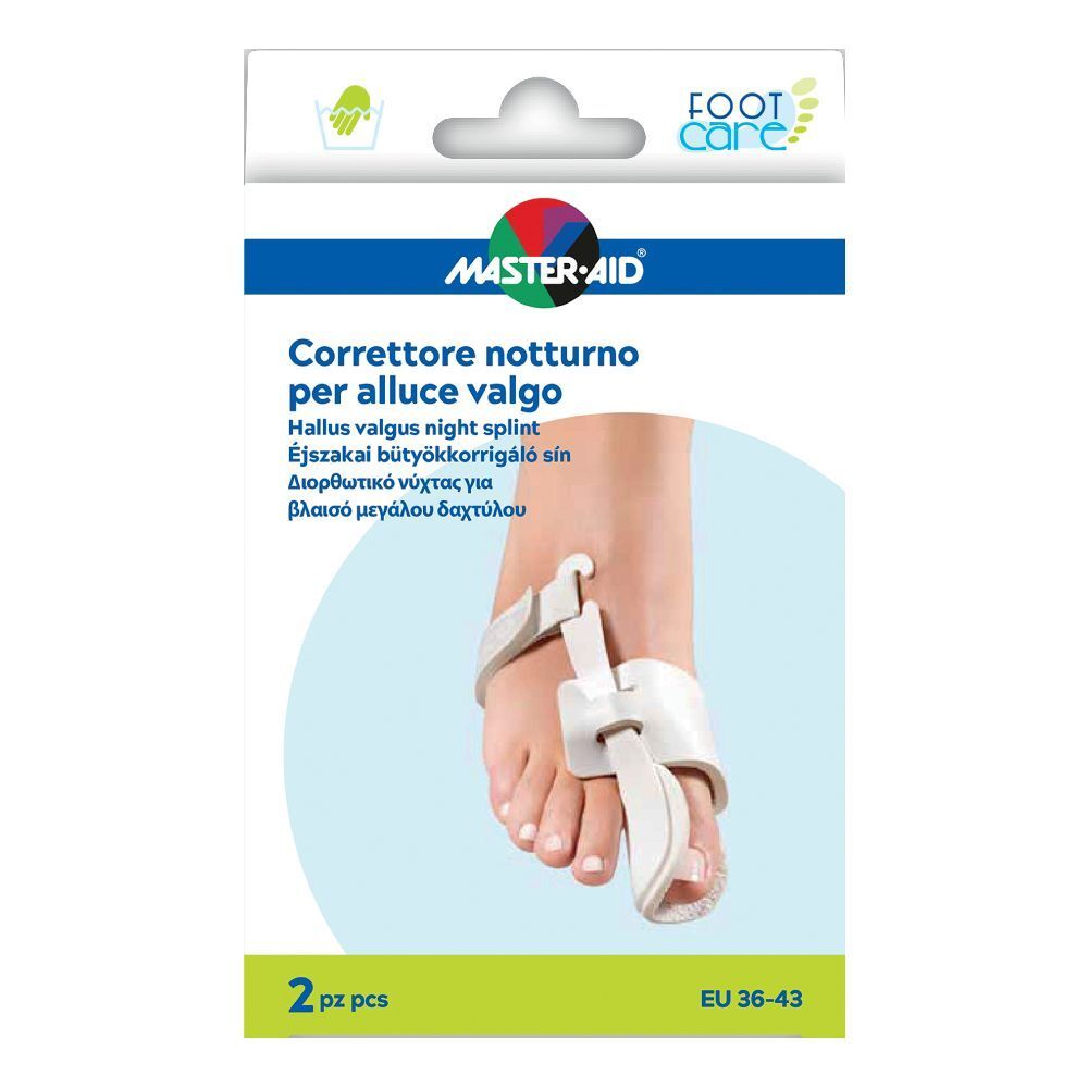 Tutore notturno per alluce valgo. Confezione con immagine del prodotto e testo. Marca: Master-Aid Footcare. Taglia: EU 36-43. 2 pezzi.