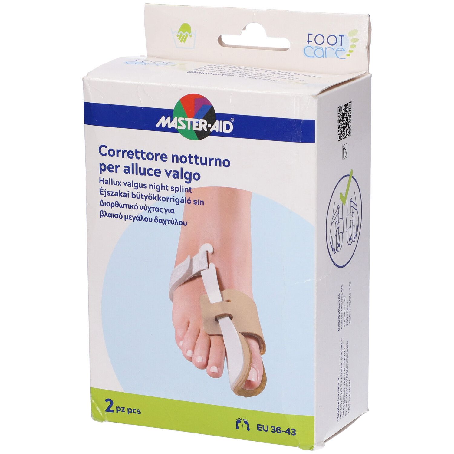Confezione del prodotto. Sulla scatola è raffigurato un piede con tutore per alluce valgo. Marca: Master-Aid Footcare. Taglia: EU 36-43. 2 pezzi.