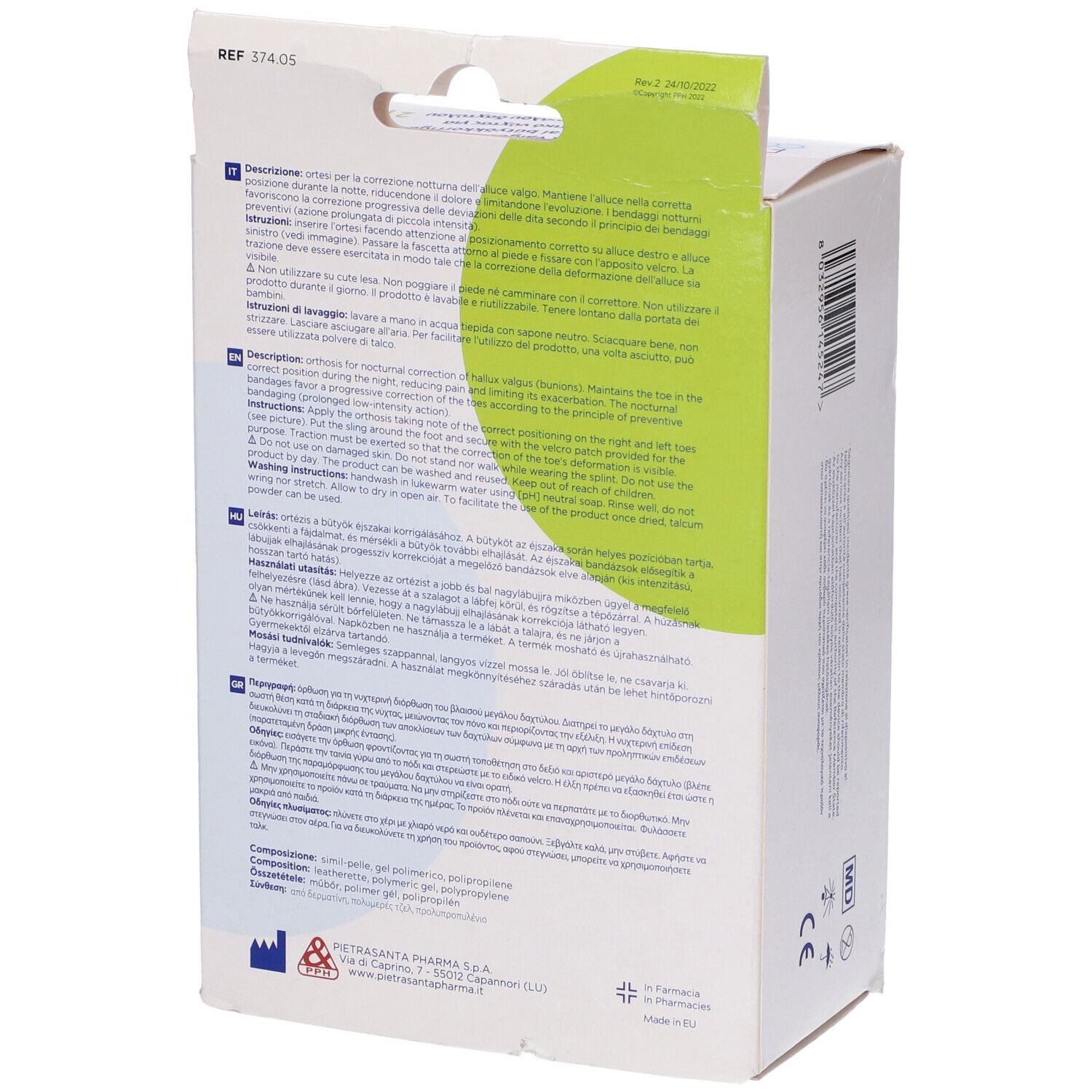 Retro della confezione del prodotto. Testo in più lingue. Marca: Master-Aid Footcare. Taglia: EU 36-43. 2 pezzi.