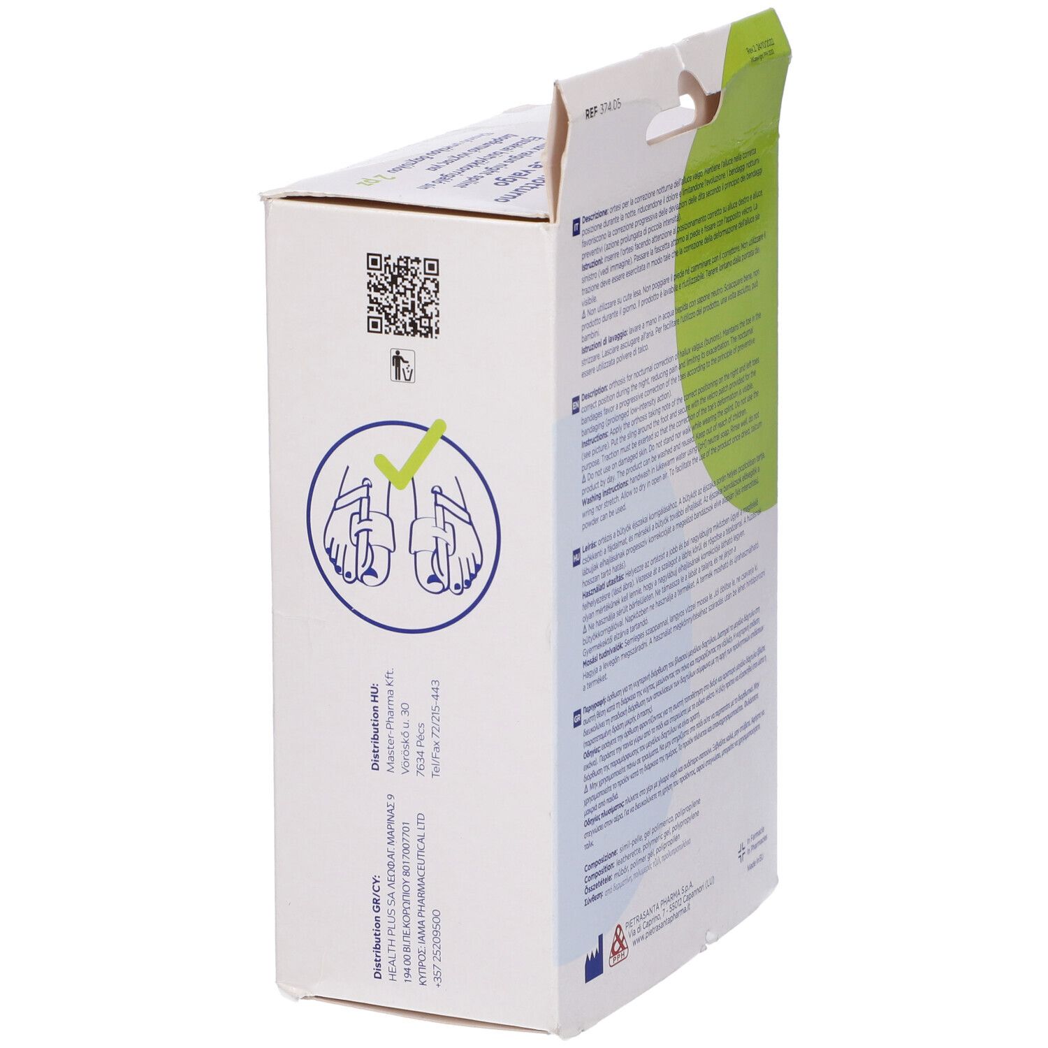 Confezione del prodotto, vista laterale. Testo e immagine. Marca: Master-Aid Footcare. Taglia: EU 36-43. 2 pezzi.
