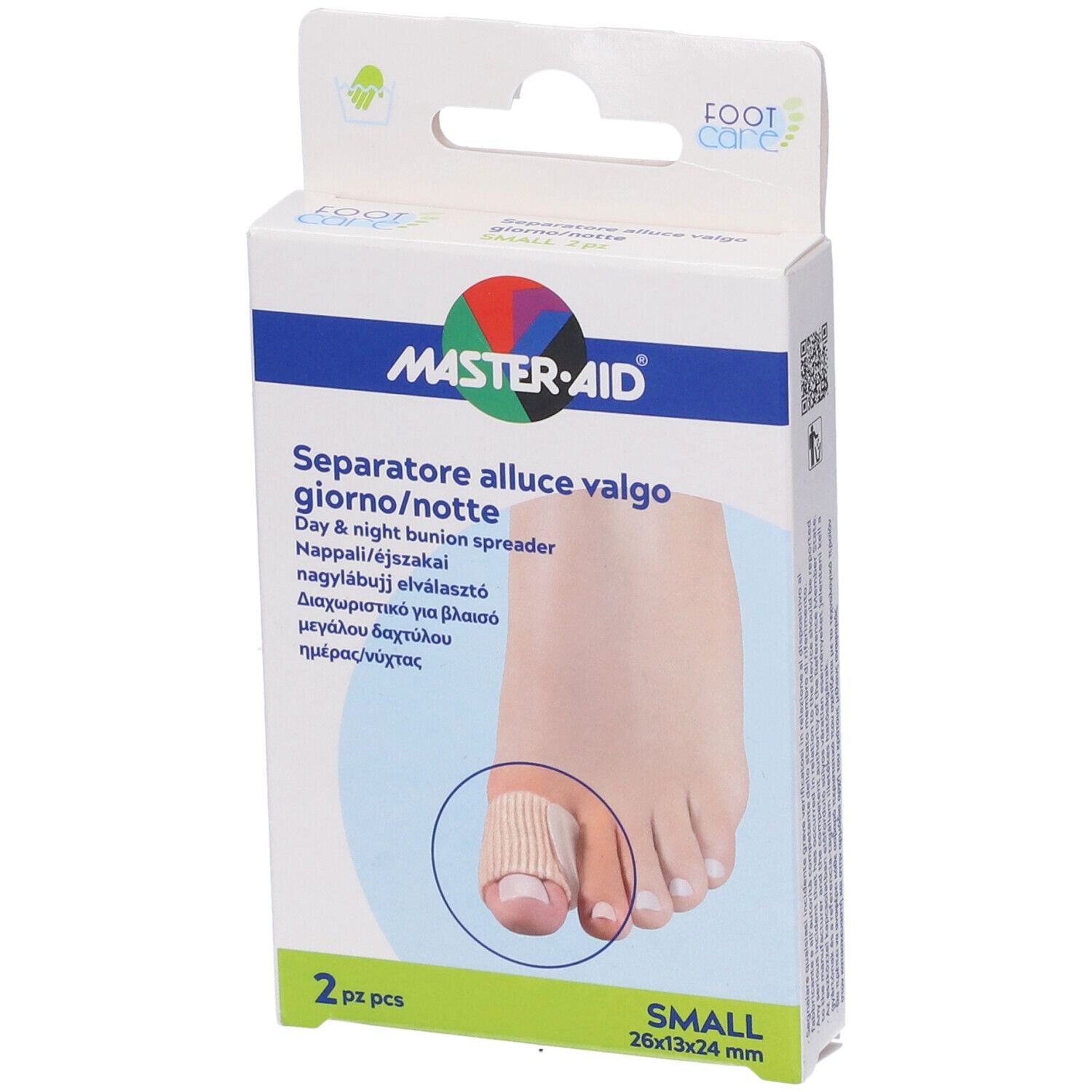 Confezione prodotto per la cura dei piedi. Scritta: MASTER-AID, Separatore alluce valgo giorno/notte, 2 pezzi, SMALL.