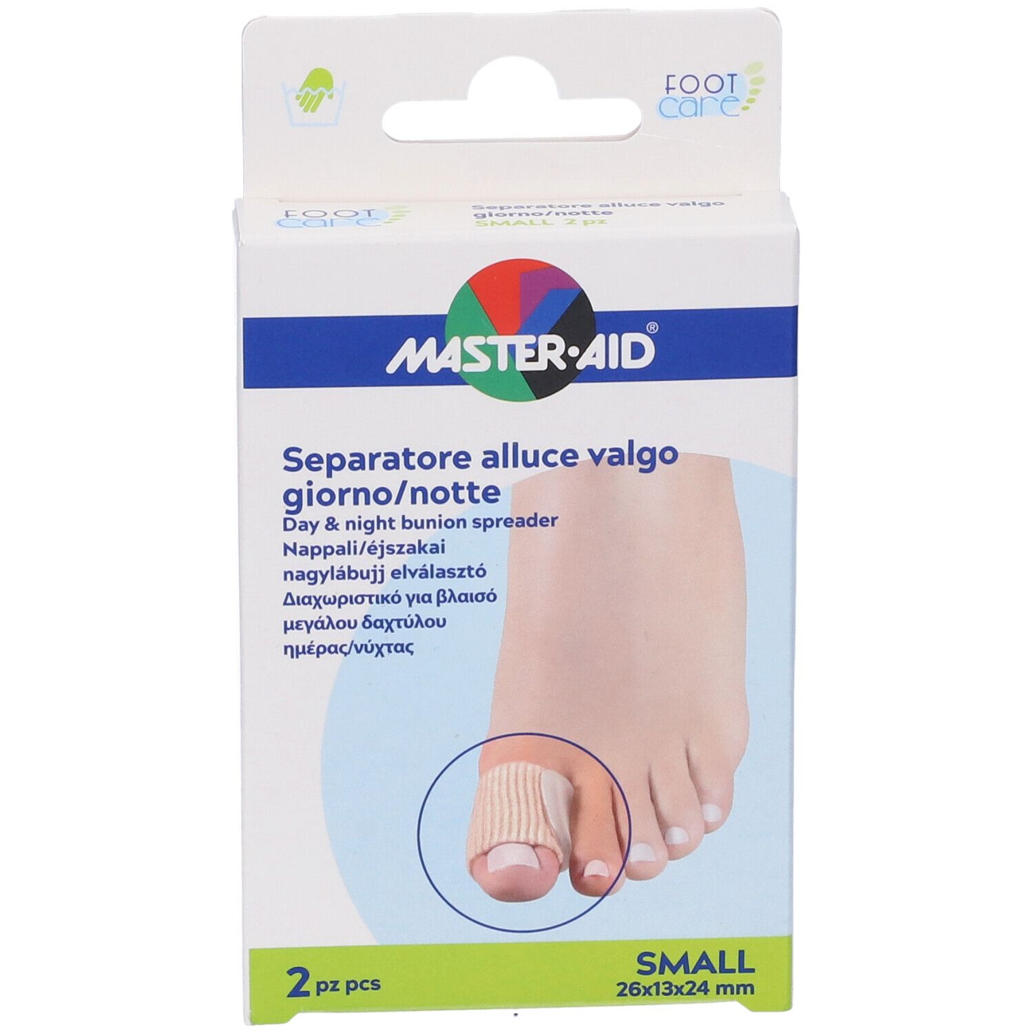 Confezione prodotto per la cura dei piedi. Scritta: MASTER-AID, Separatore alluce valgo giorno/notte, 2 pezzi, SMALL.