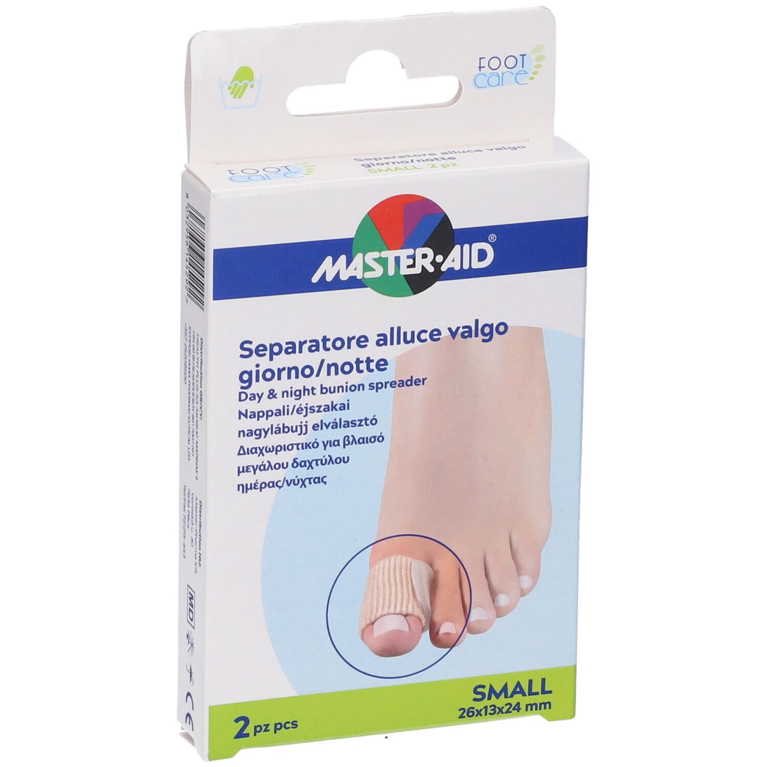 Confezione prodotto per la cura dei piedi. Scritta: MASTER-AID, Separatore alluce valgo giorno/notte, 2 pezzi, SMALL.